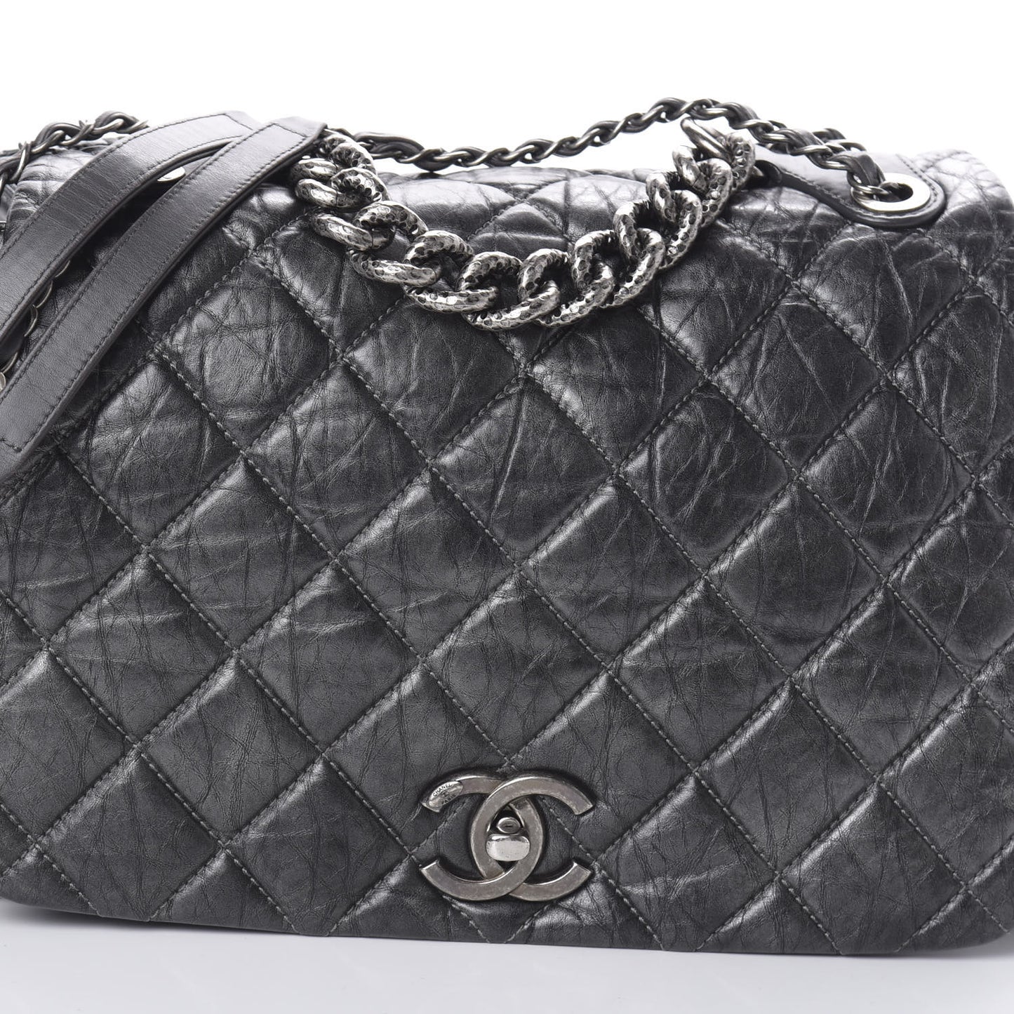 Metallic Aged Calfskin Quilted Large Pondichery Flap Dark Grey