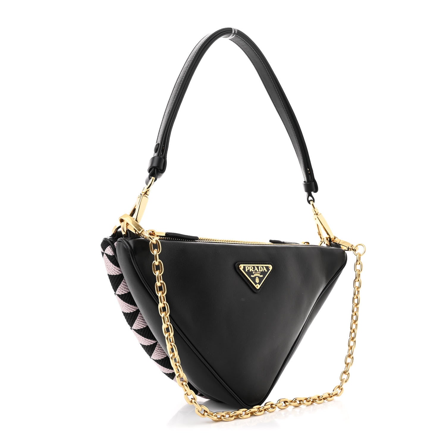 Prada Jacquard Calfskin Triangolo Symbole Embroidered Mini Triangle Double Bag Black Alabastro 3 of 11
