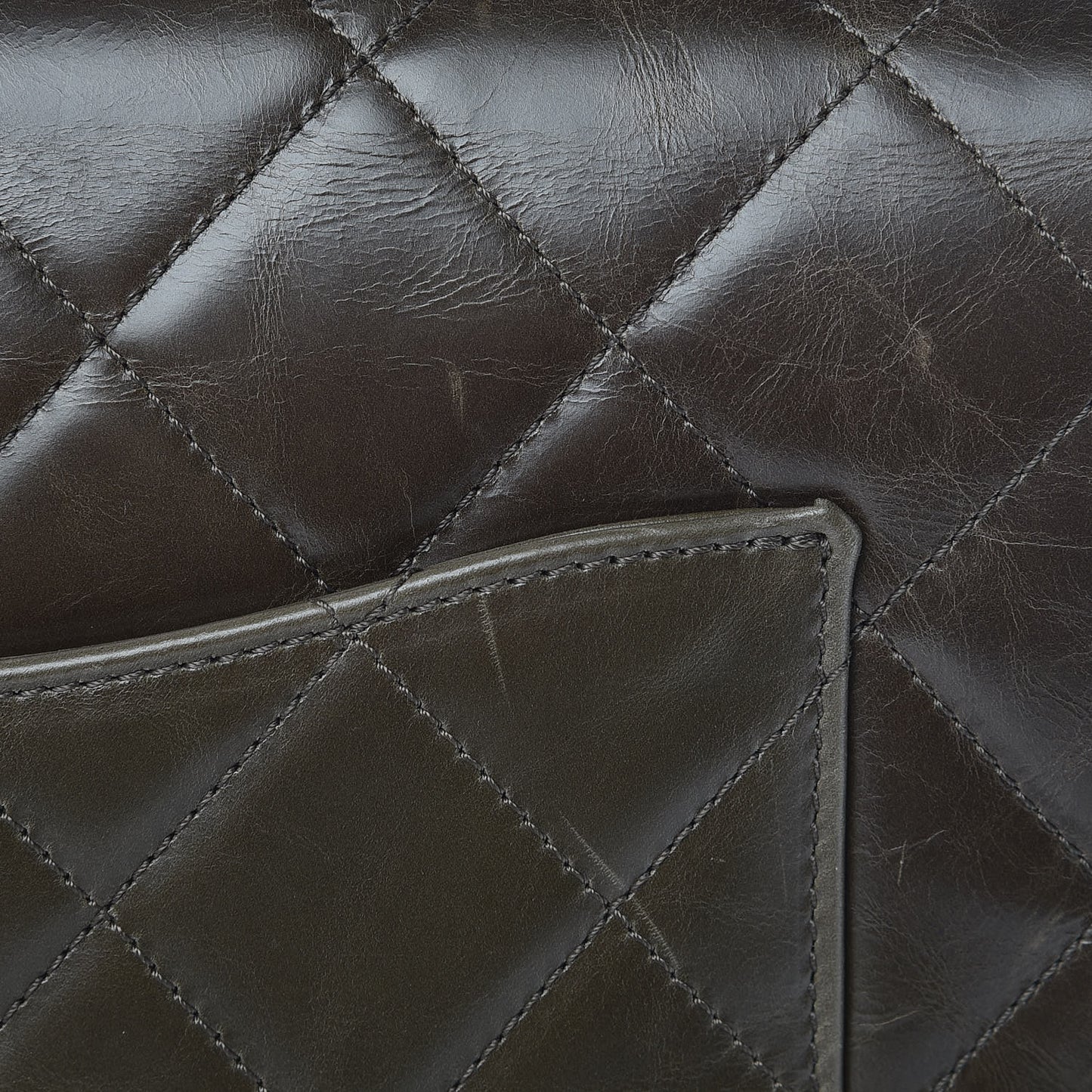 Calfskin Quilted Medium Gold Bar Top Handle Flap Dark Khaki