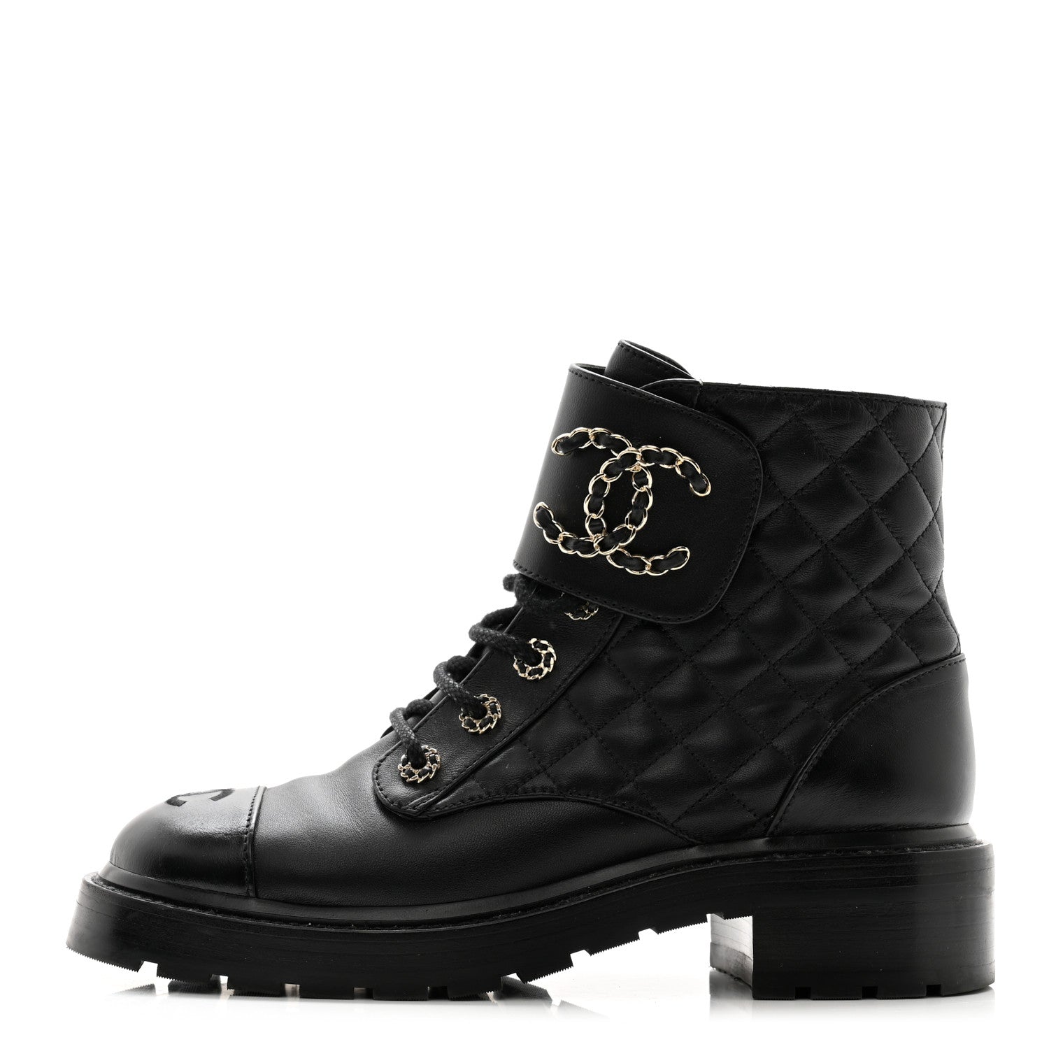 Chanel Shiny Lambskin Quilted Lace Up Combat Boots 39 Black 2 of 20