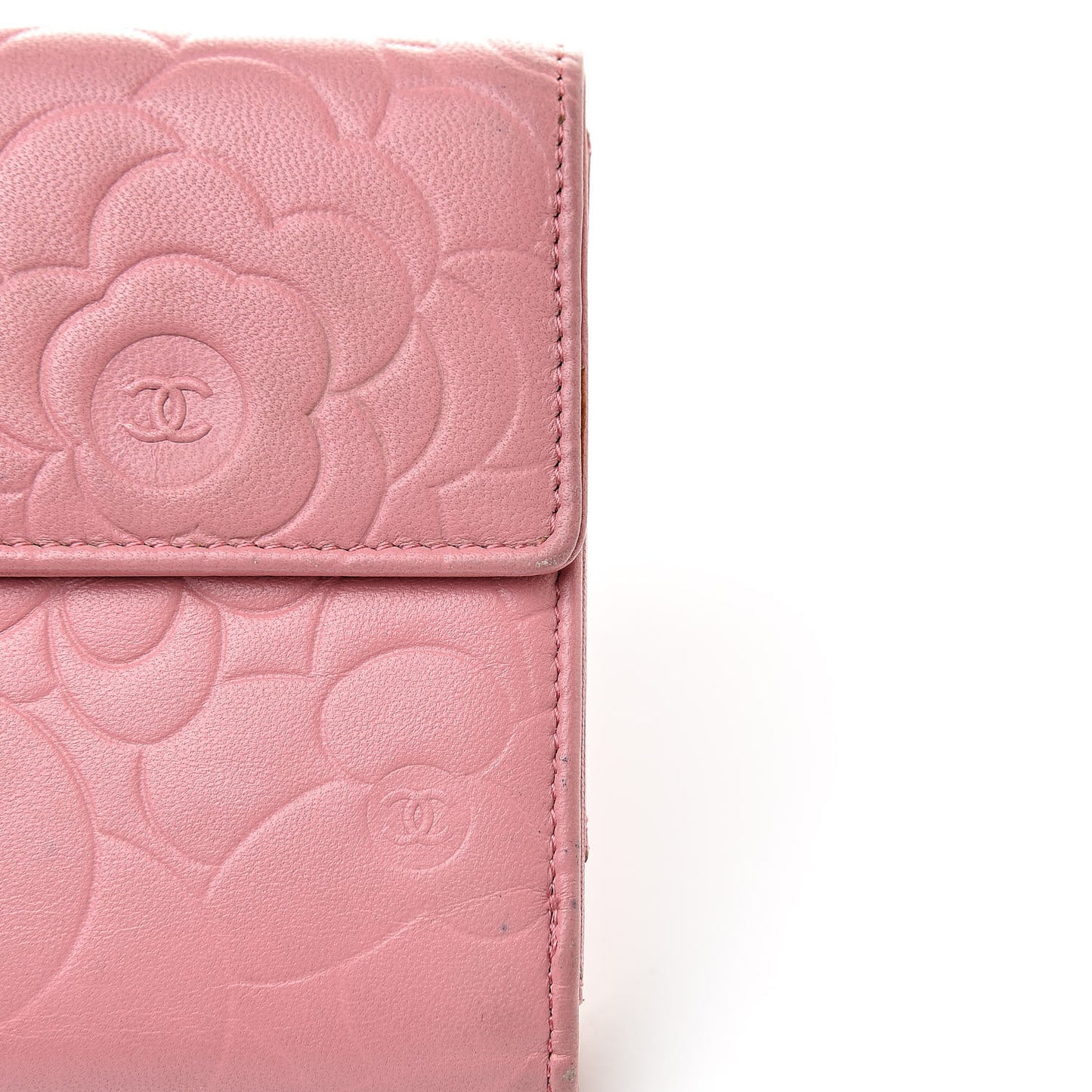 Lambskin Camellia Embossed Long Double Wallet Pink