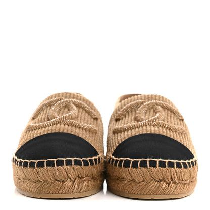 Chanel Corduroy Grosgrain Cap Toe CC Espadrille Flats 38 Dark Beige Black 3 of 10
