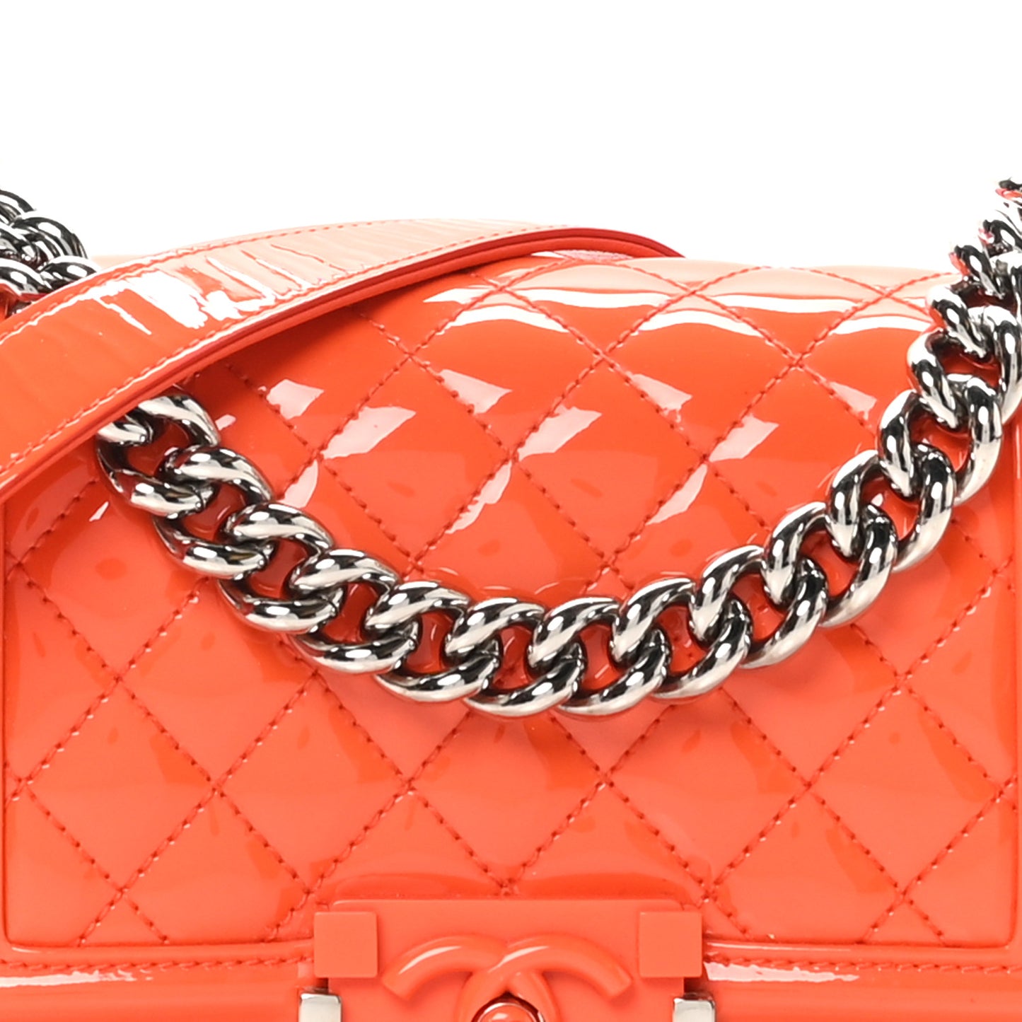 Patent Calfskin Quilted Small Plexiglass Boy Flap Orange