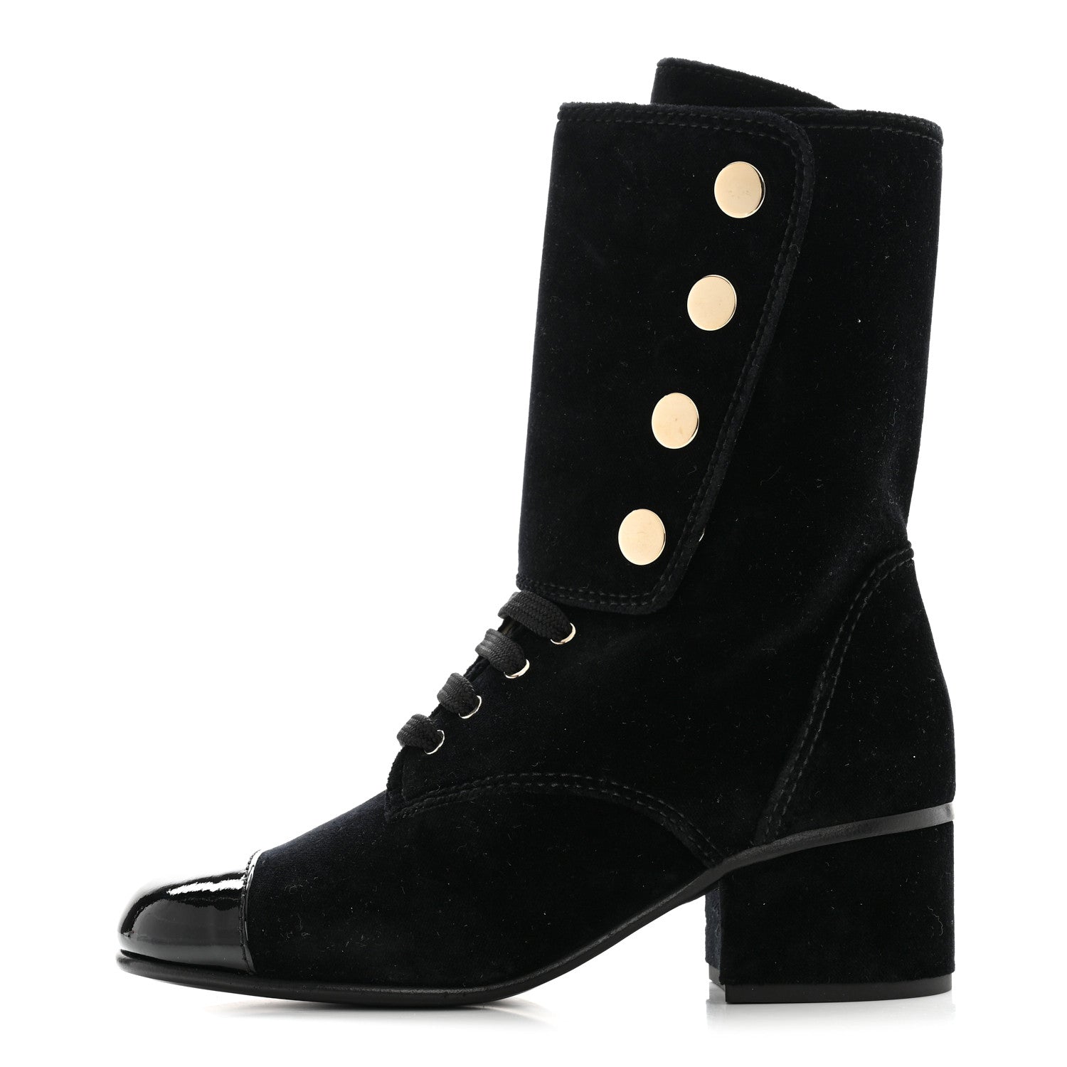 Chanel Velvet Patent Cap Toe CC Lace Up Boots 36.5 Black 1 of 10