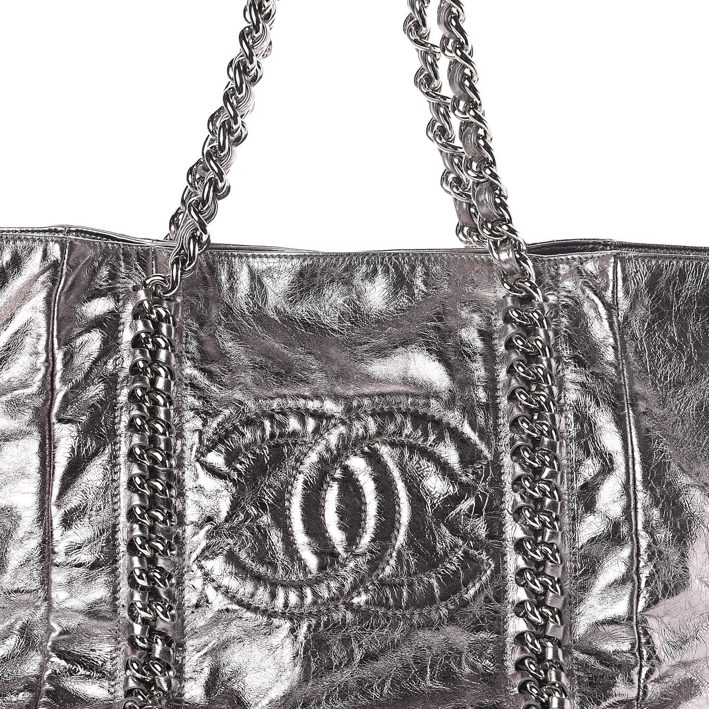 Metallic Cracked Calfskin Modern Chain Tote Dark Silver