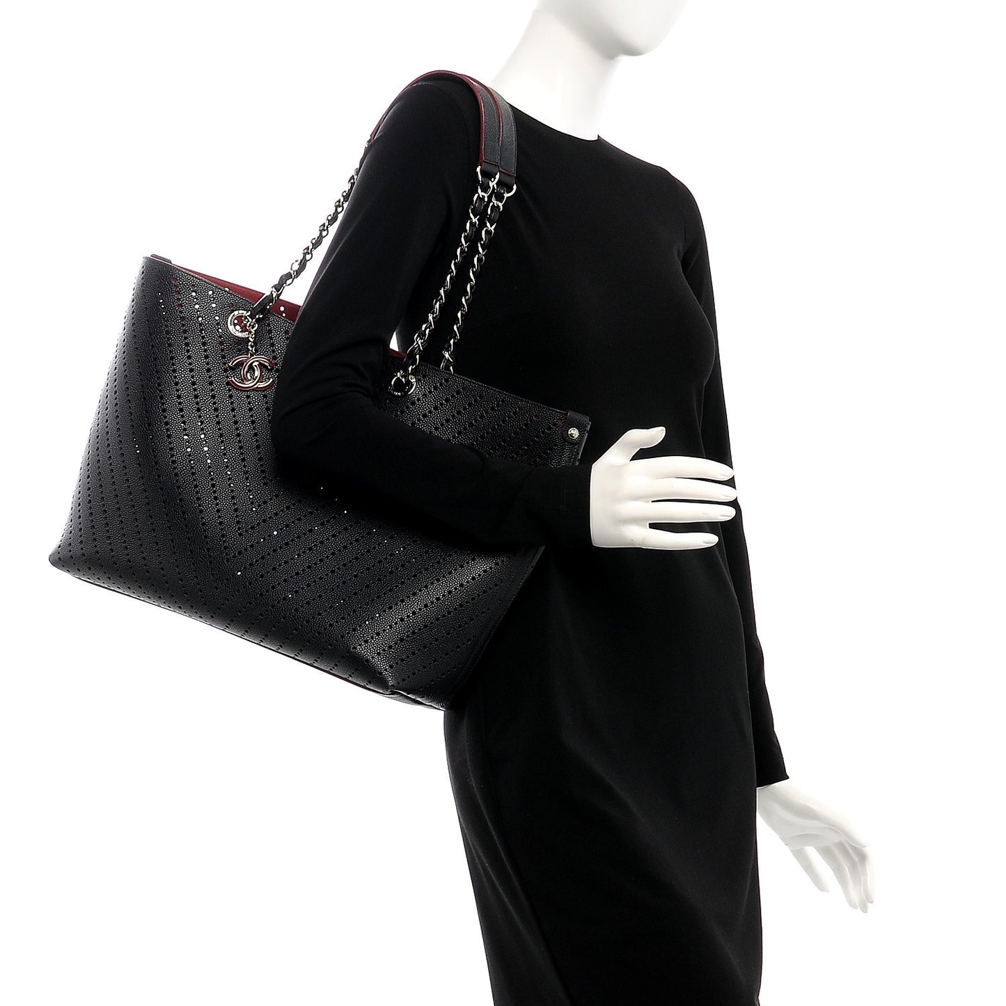 Perforated Grained Calfskin Large Shopping Tote Black