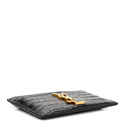 Saint Laurent Calfskin Crocodile Embossed Monogram Credit Card Case Black 4 of 7