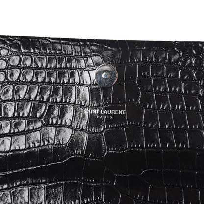 Saint Laurent Calfskin Crocodile Embossed Classic Monogram Tassel Clutch Black 6 of 7