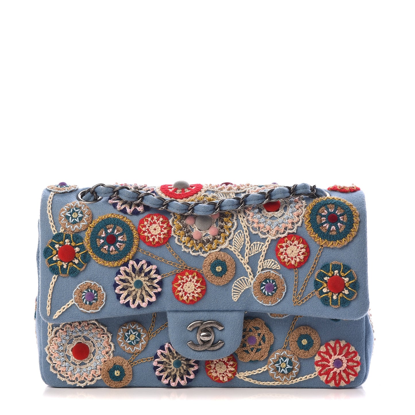 Felt Flower Embroidered Medium Double Flap Blue Multicolor