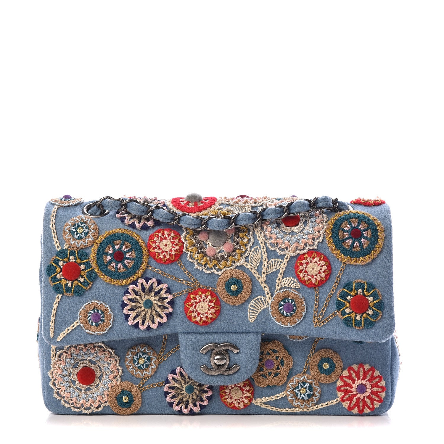 Chanel Felt Flower Embroidered Medium Double Flap Blue Multicolor 1 of 12