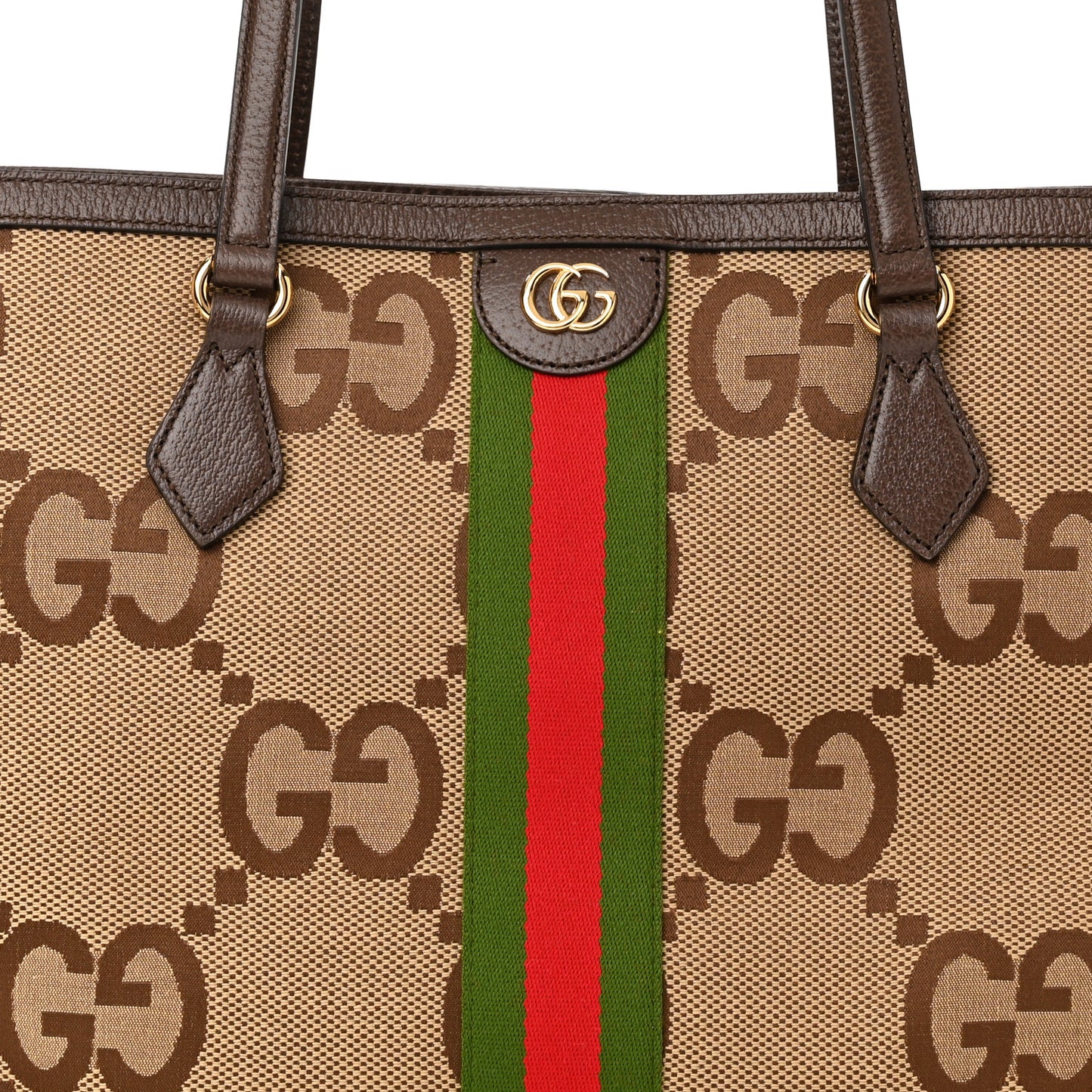 Monogram Jumbo GG Textured Dollar Calfskin Web Medium Ophidia Shopping Tote Camel Ebony