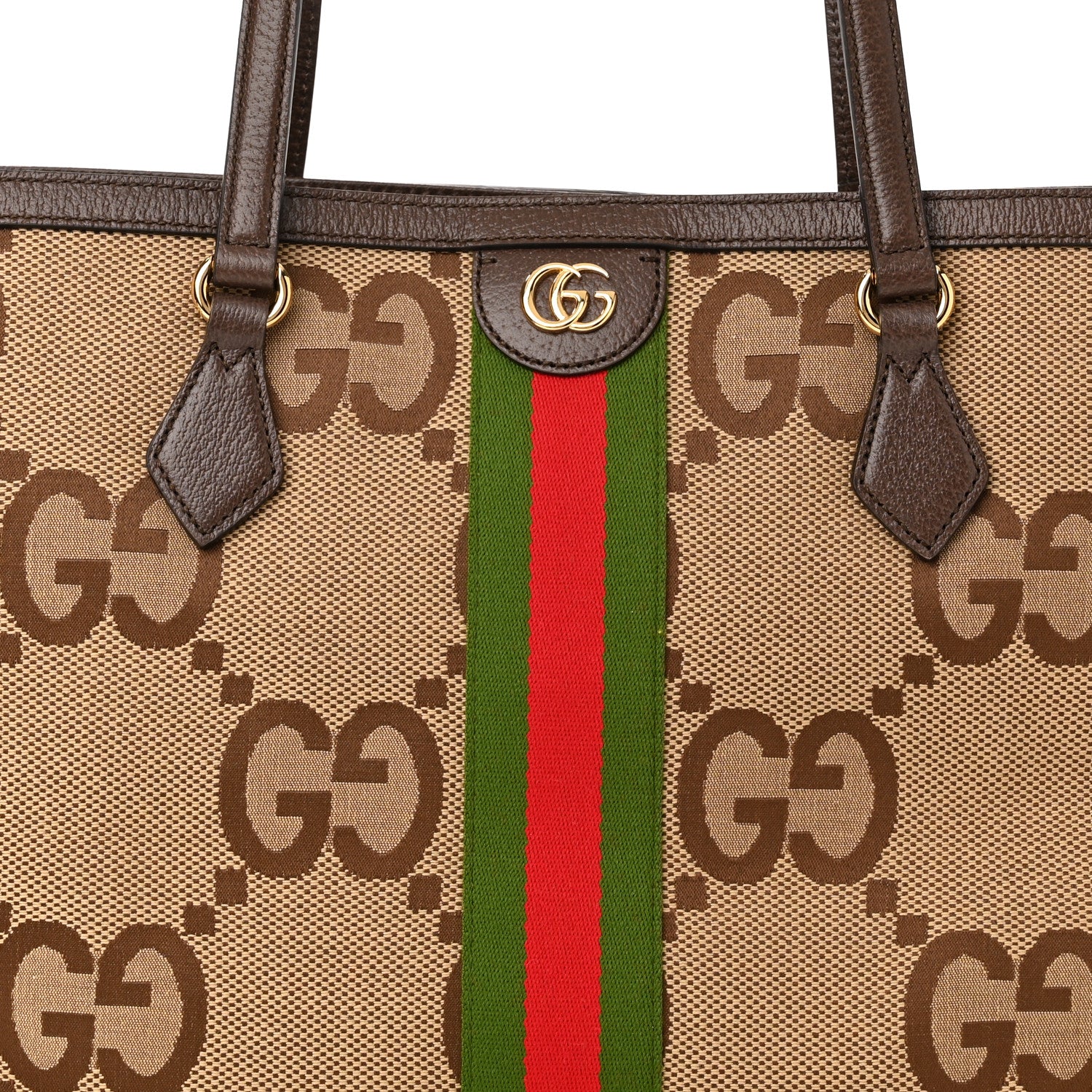 Gucci Monogram Jumbo GG Textured Dollar Calfskin Web Medium Ophidia Shopping Tote Camel Ebony 8 of 10