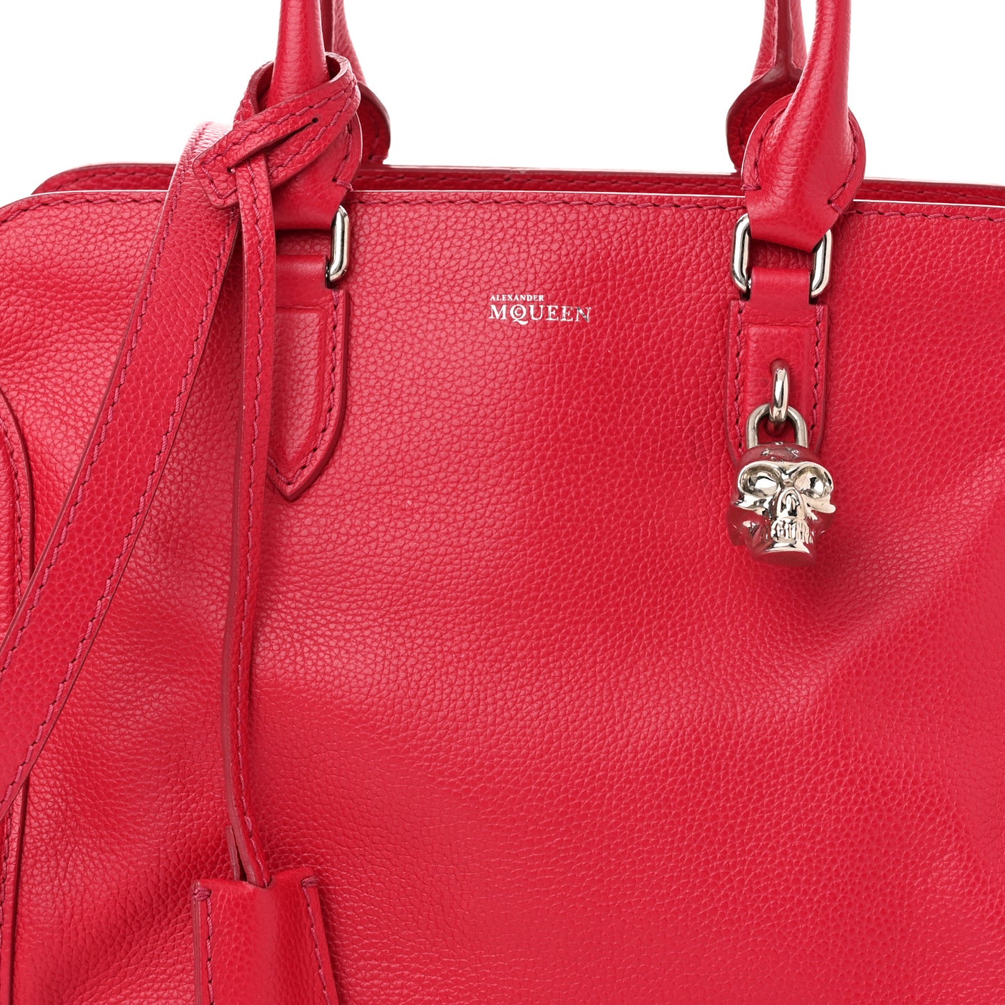 Pebbled Calfskin Small Skull Padlock Zip Around Tote Red
