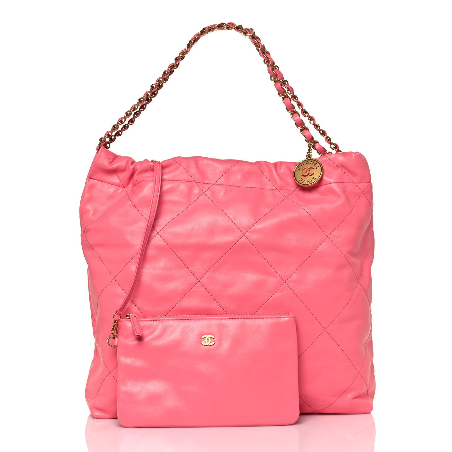 Shiny Calfskin Quilted Chanel 22 Drawstring Bag Coral Pink