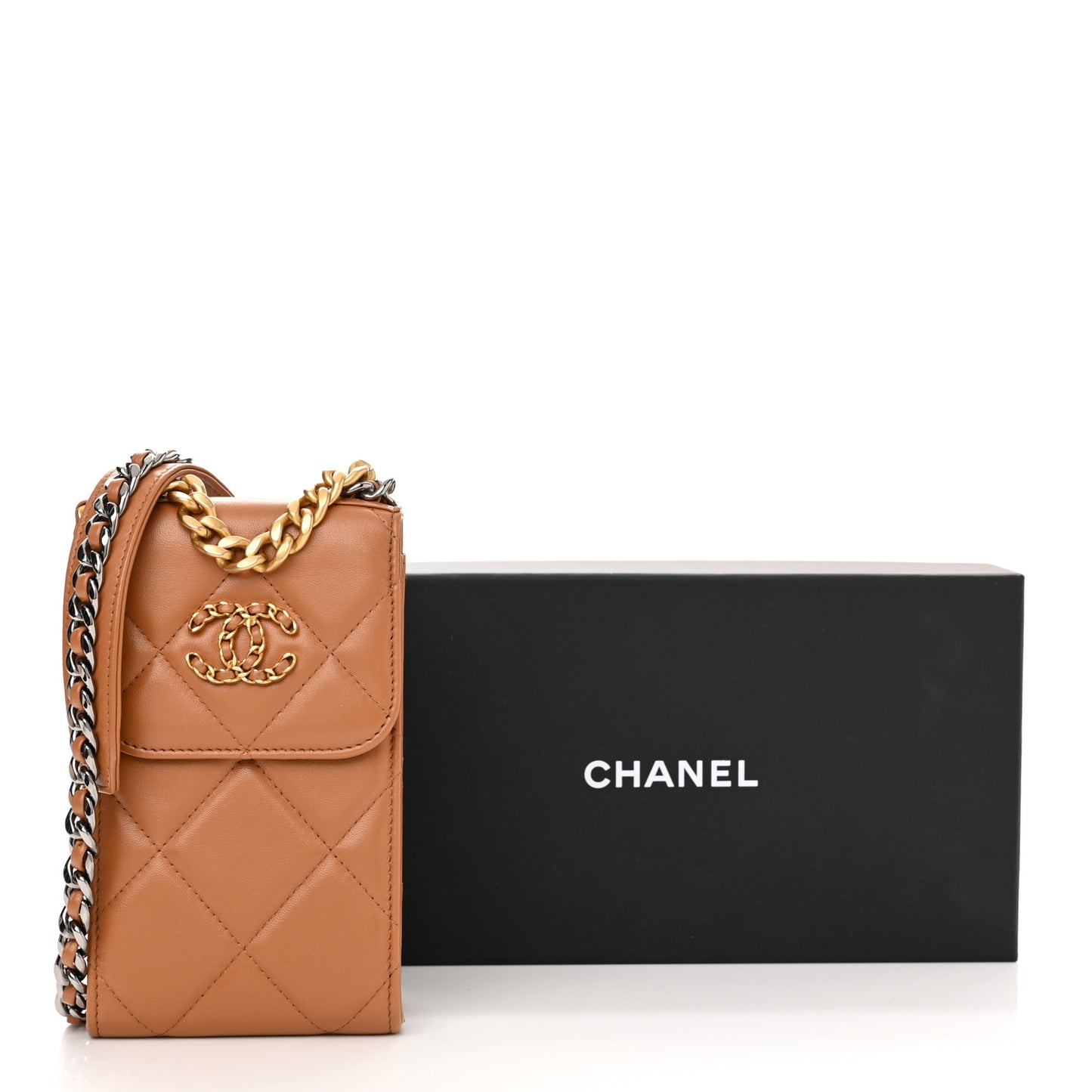 Lambskin Quilted Chanel 19 Phone Holder With Chain Brown