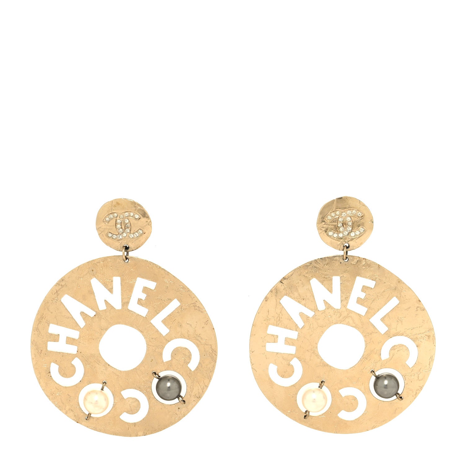Chanel Crystal Pearl CC Papyrus Drop Earrings Gold Grey 1 of 5
