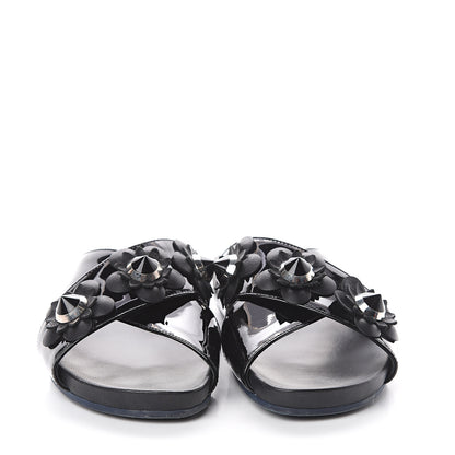 Fendi Patent Flowerland Slide Sandals 37.5 Black 2 of 7