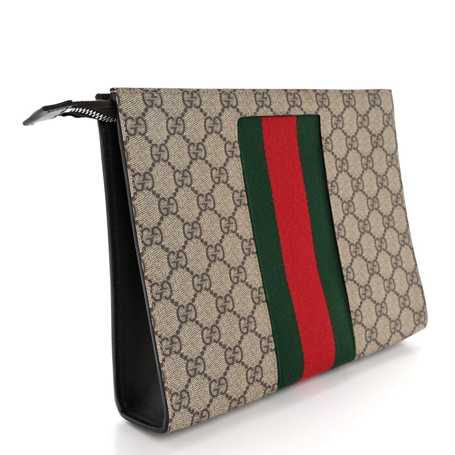 Gucci GG Supreme Monogram Selleria Calfskin Web New Web Cosmetic Case Beige Ebony Cocoa 3 of 9