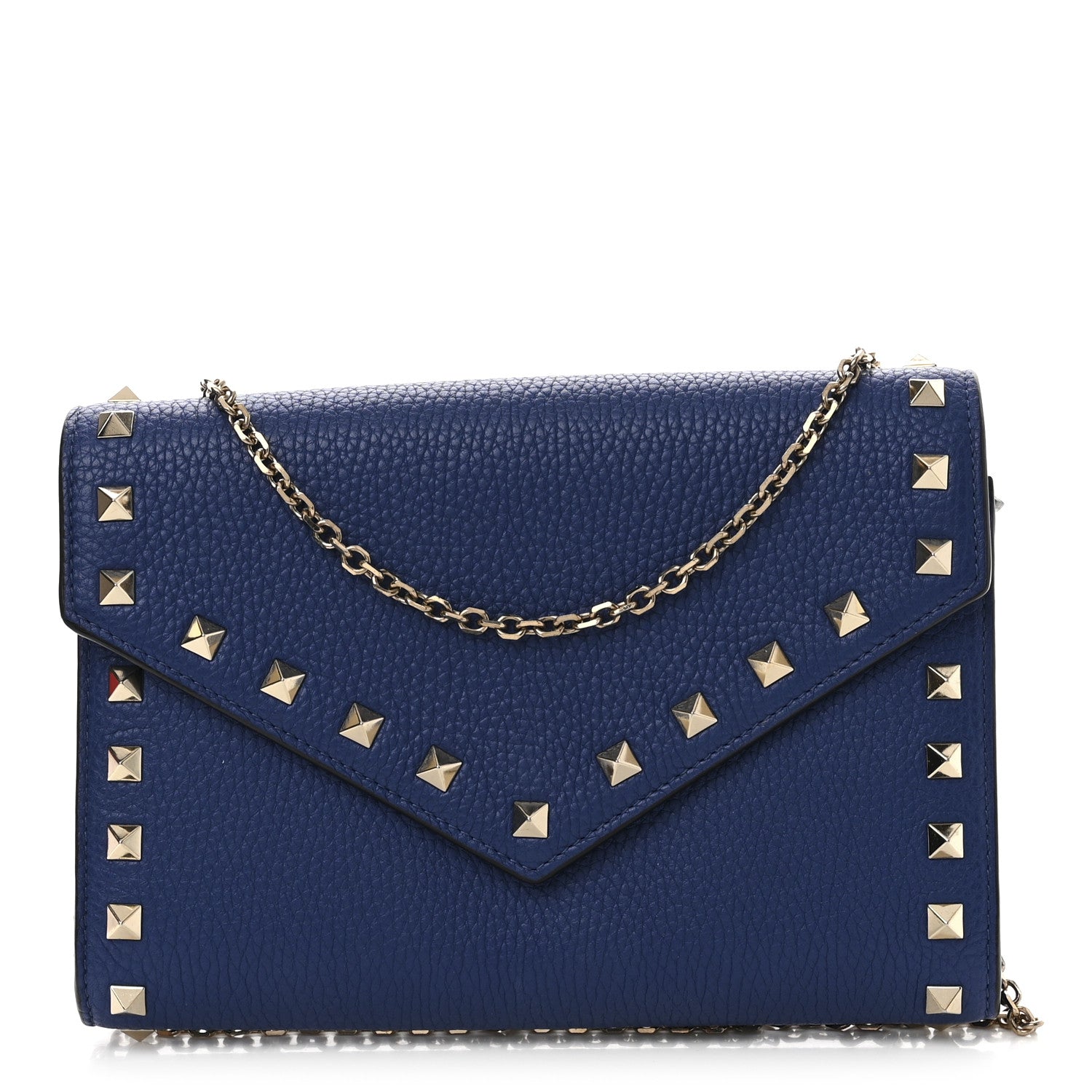 Valentino Garavani Pebbled Calfskin Rockstud Envelope Wallet On Chain Bag Blu Delft 1 of 13