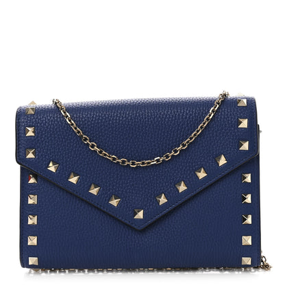 Valentino Garavani Pebbled Calfskin Rockstud Envelope Wallet On Chain Bag Blu Delft 1 of 13