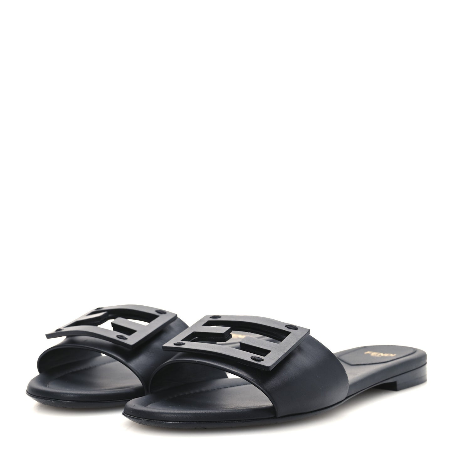 Calfskin FF Logo Plaque Slide Sandals 38 Black