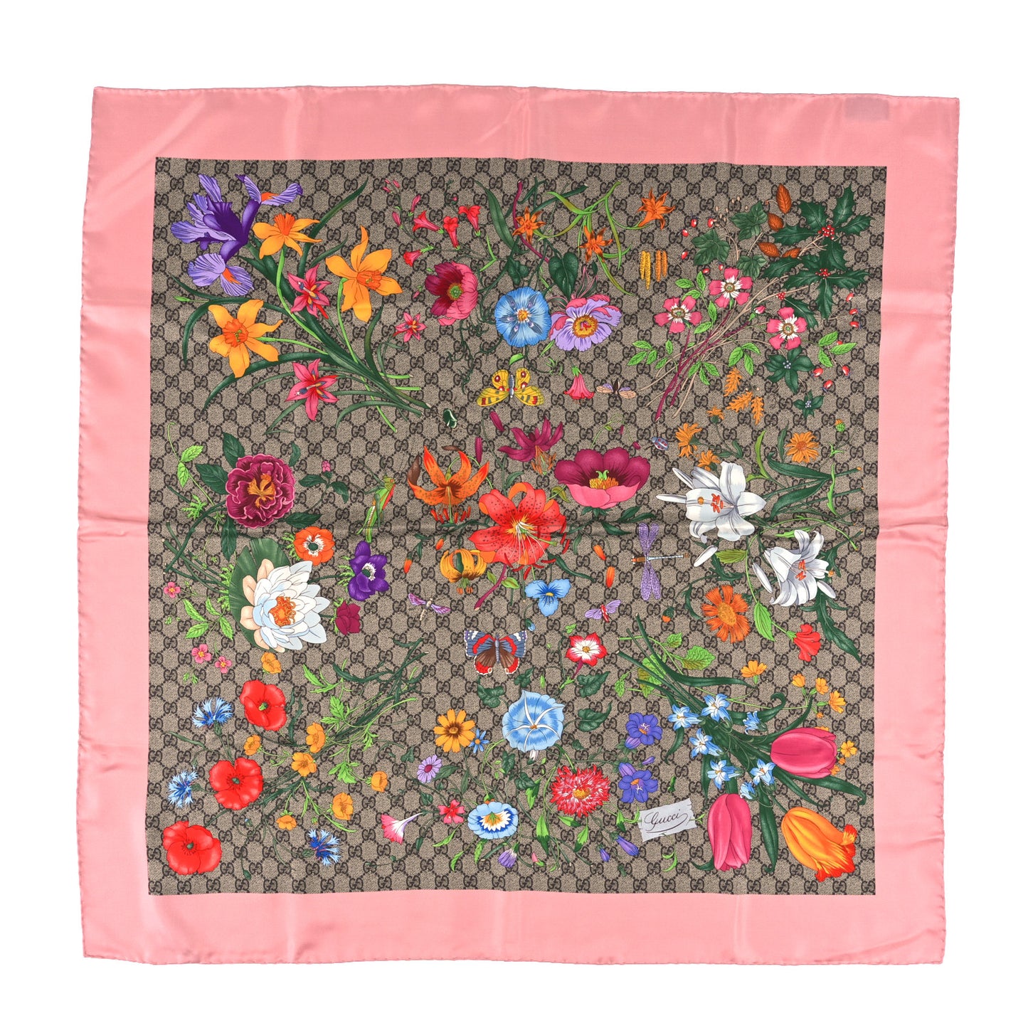 Silk Twill GG Monogram Special Florio Square Scarf Beige Pink