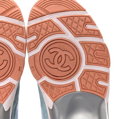 Chanel Nylon Lambskin Suede Calfskin CC Sneakers 38.5 Coral Light Blue White 6 of 18