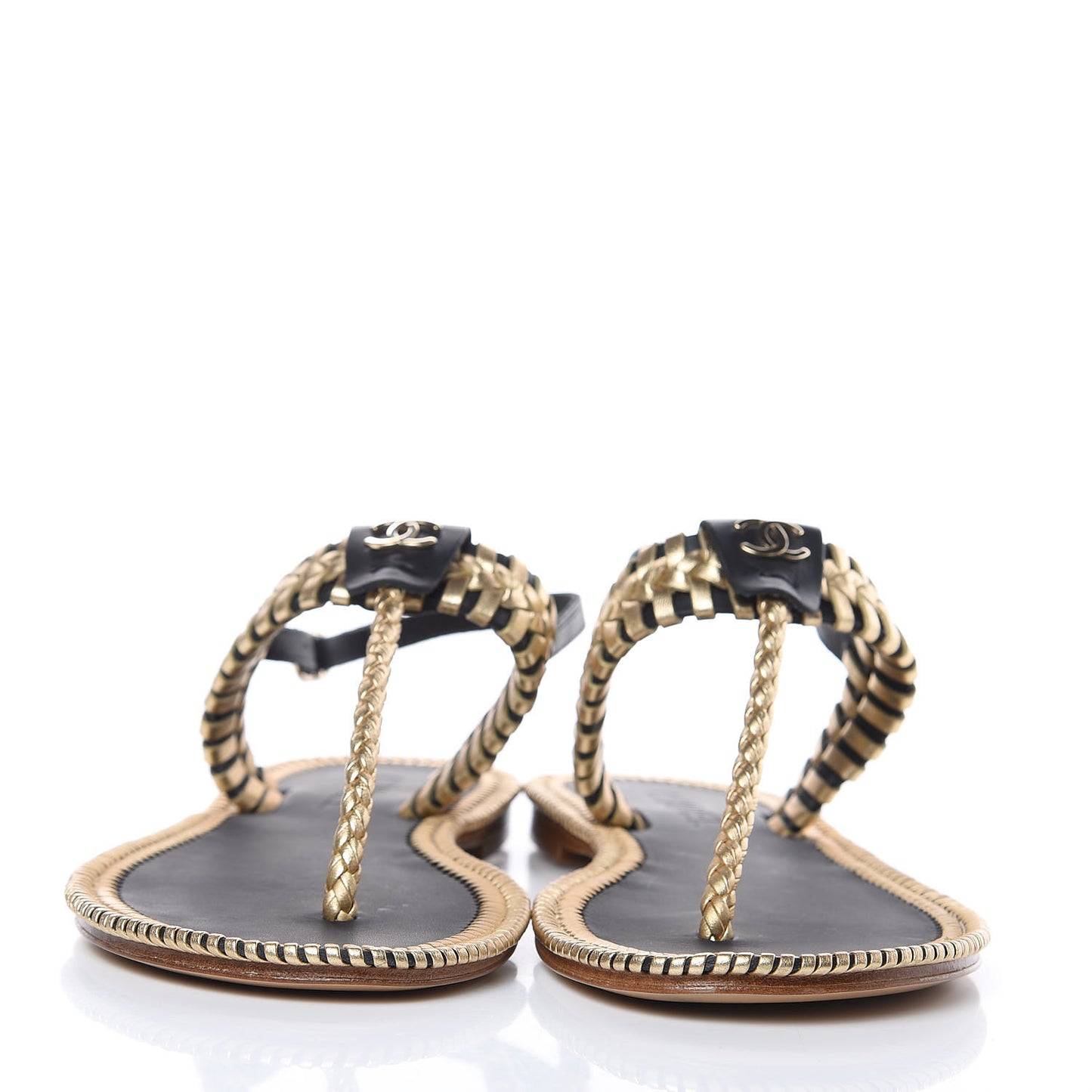 Metallic Lambskin Calfskin Braided Thong Sandals 38 Black Gold