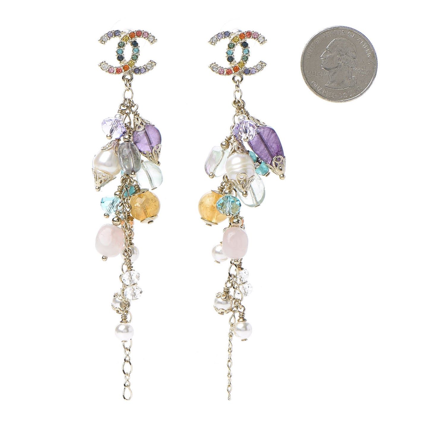 Crystal Pearl Beaded CC Long Drop Earrings Multicolor