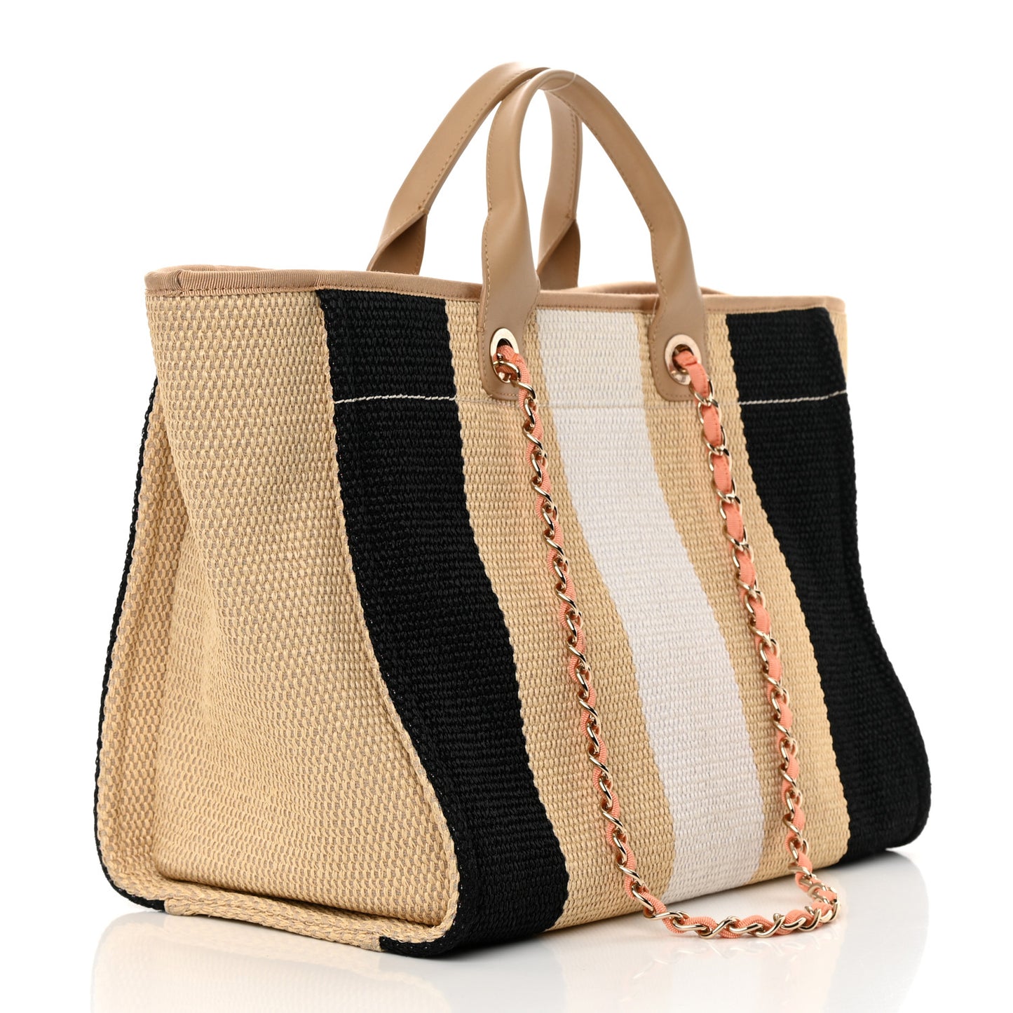 Straw Raffia Calfskin Striped Medium Deauville Tote Black Beige Ivory