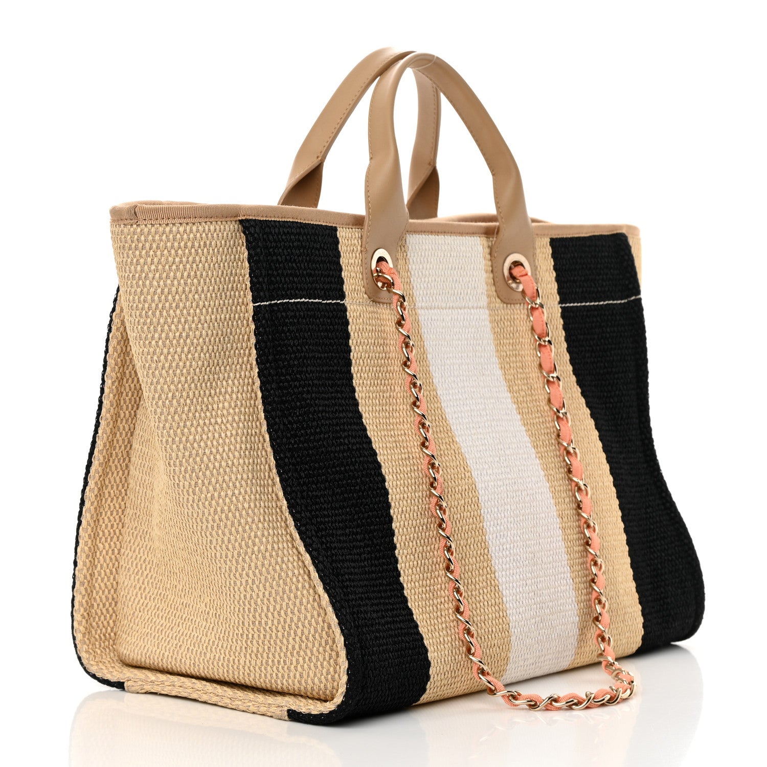 Chanel Straw Raffia Calfskin Striped Medium Deauville Tote Black Beige Ivory 2 of 17