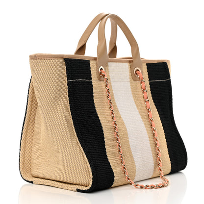 Chanel Straw Raffia Calfskin Striped Medium Deauville Tote Black Beige Ivory 2 of 17