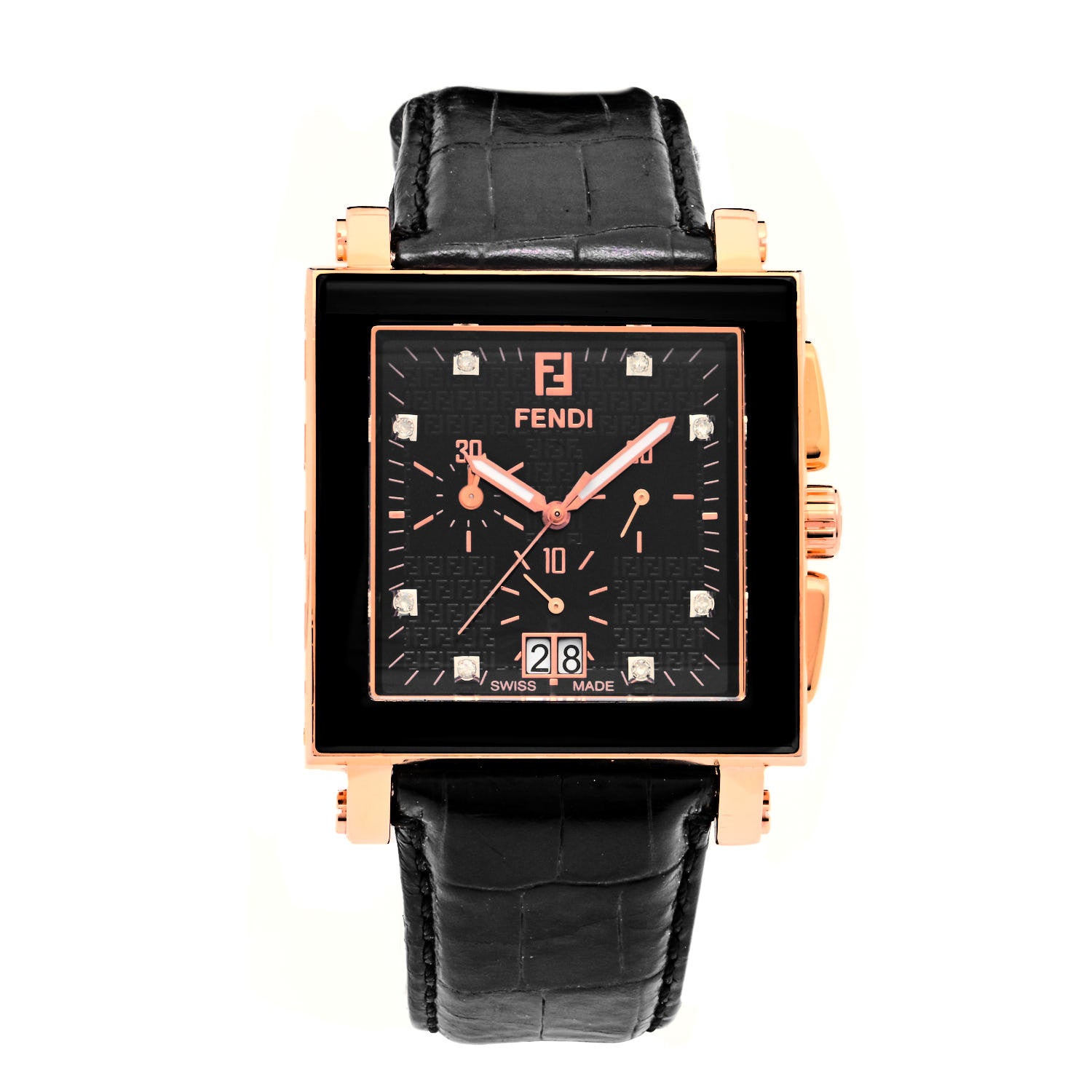 Fendi Stainless Steel Ceramic Calfskin Diamond 39mm Quadro Quartz Watch Black 1 of 4