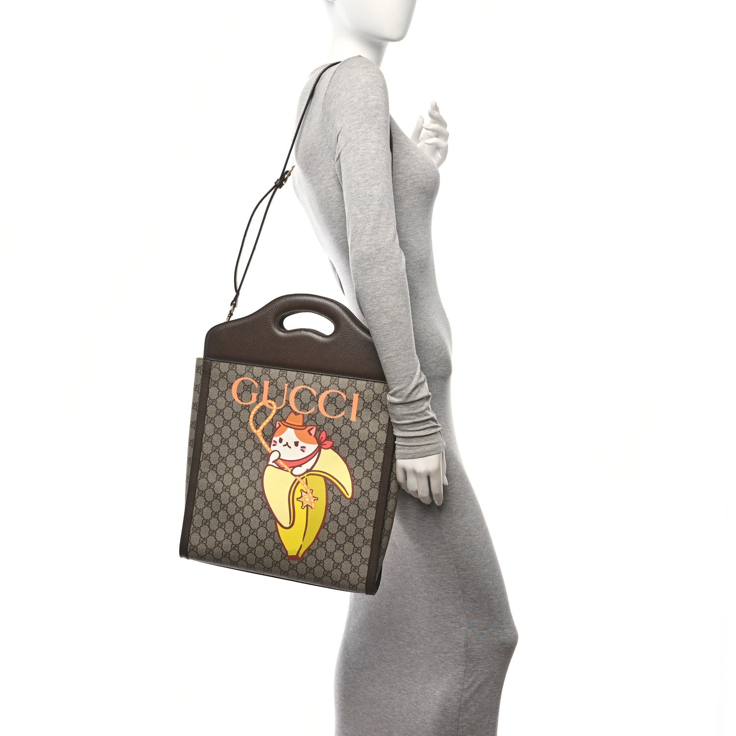 Gucci X BNF Supreme Monogram Textured Dollar Calfskin Bananya Print Top Slip Handle Tote Beige Ebony Multicolor New Acero 2 of 10