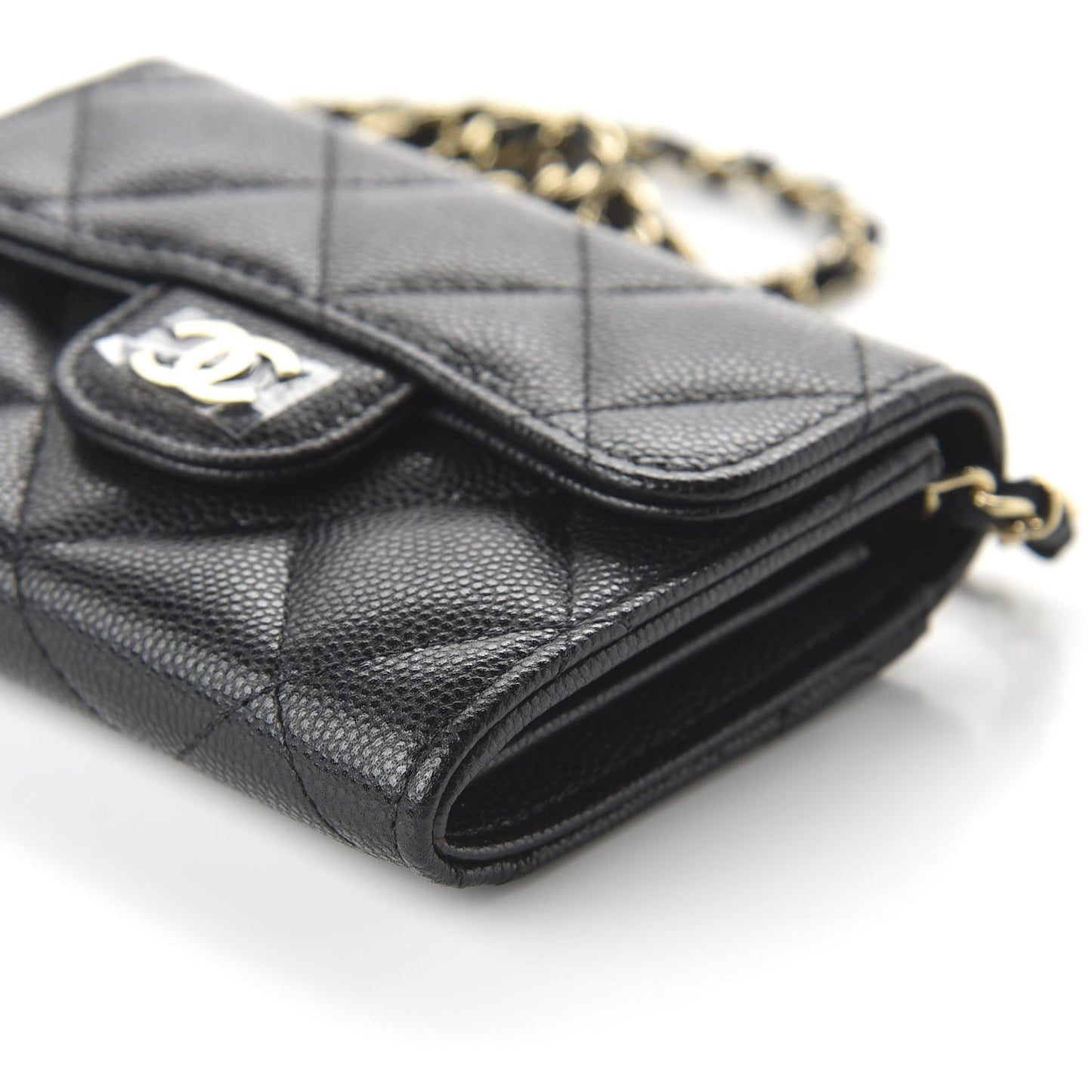 Caviar Quilted Flap Card Holder On Chain Black