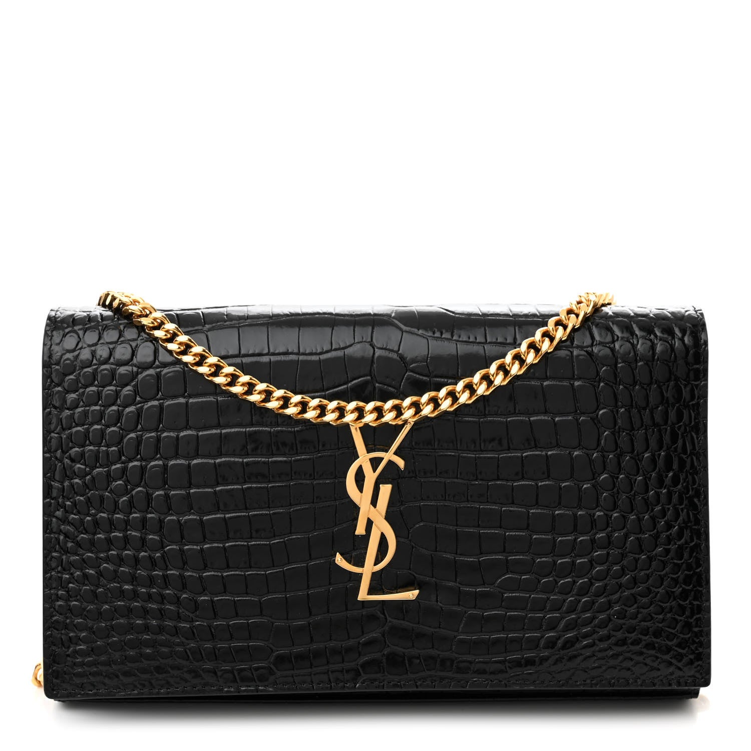 Saint Laurent Calfskin Crocodile Embossed Cassandre Wallet On Chain WOC Black 1 of 11
