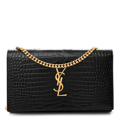 Saint Laurent Calfskin Crocodile Embossed Cassandre Wallet On Chain WOC Black 1 of 11