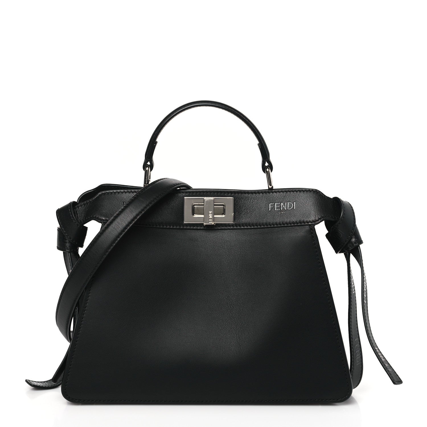 Fendi Vitello Seta Shiny Nappa Logo Embossed Laces Small Peekaboo I SEE U Satchel Black 1 of 9