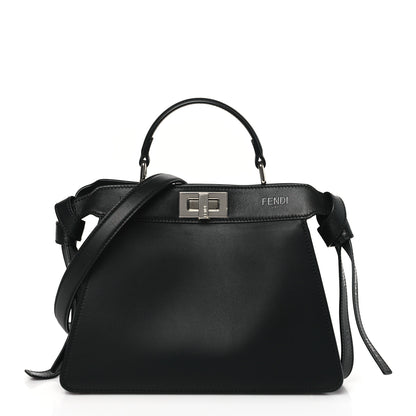 Fendi Vitello Seta Shiny Nappa Logo Embossed Laces Small Peekaboo I SEE U Satchel Black 1 of 9