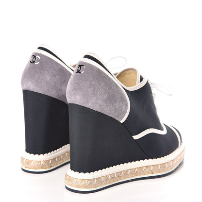Chanel Silk Crepe Suede Calfskin Lace Up Wedge Espadrilles 36.5 Navy Grey 4 of 8