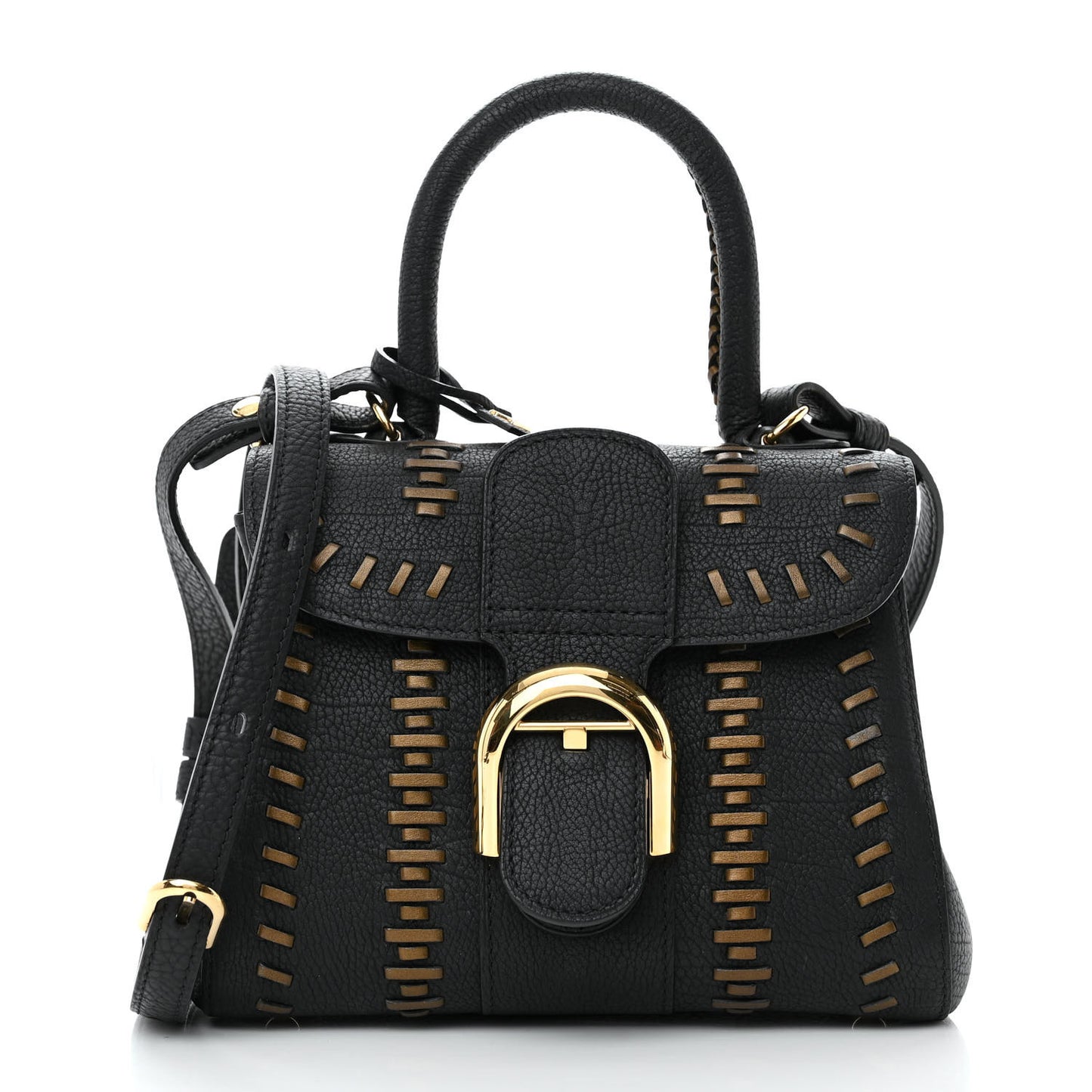 Crispy Calfskin Tribal Stitch Mini Brillant Satchel Black Bronze