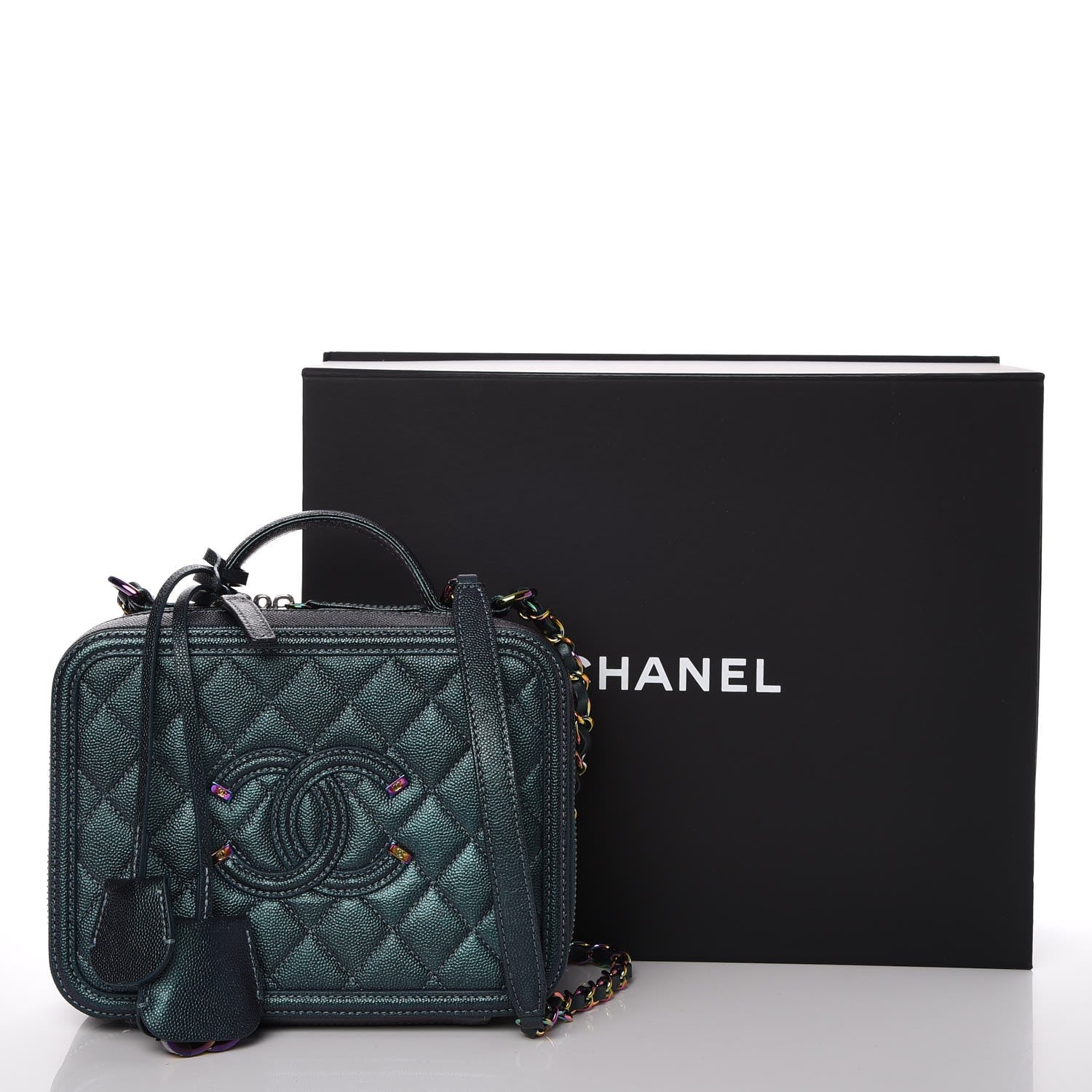 Chanel Iridescent Caviar Quilted Medium CC Filigree Vanity Case Dark Turquoise 10 of 10