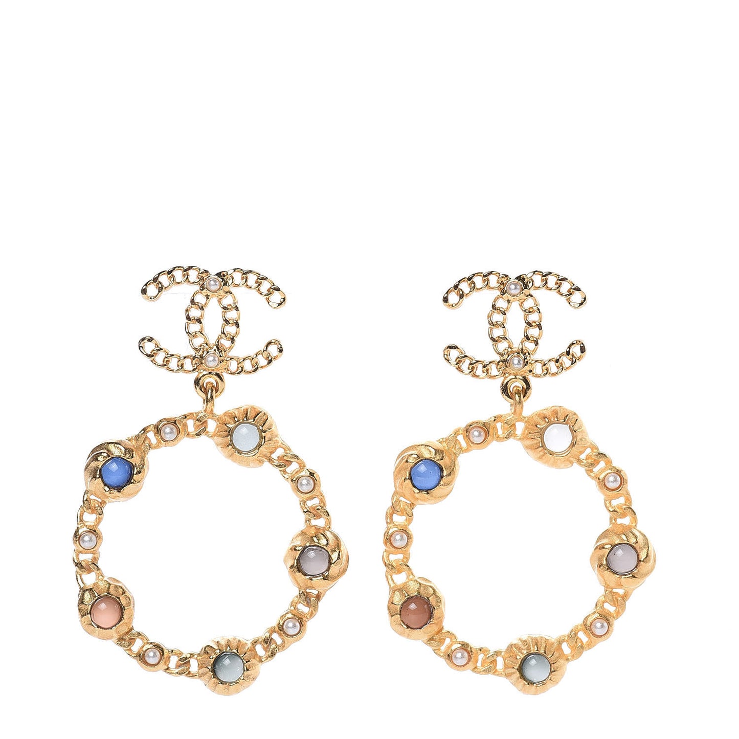 Pearl Pearl Gripoix CC Chain Drop Hoop Earrings Gold