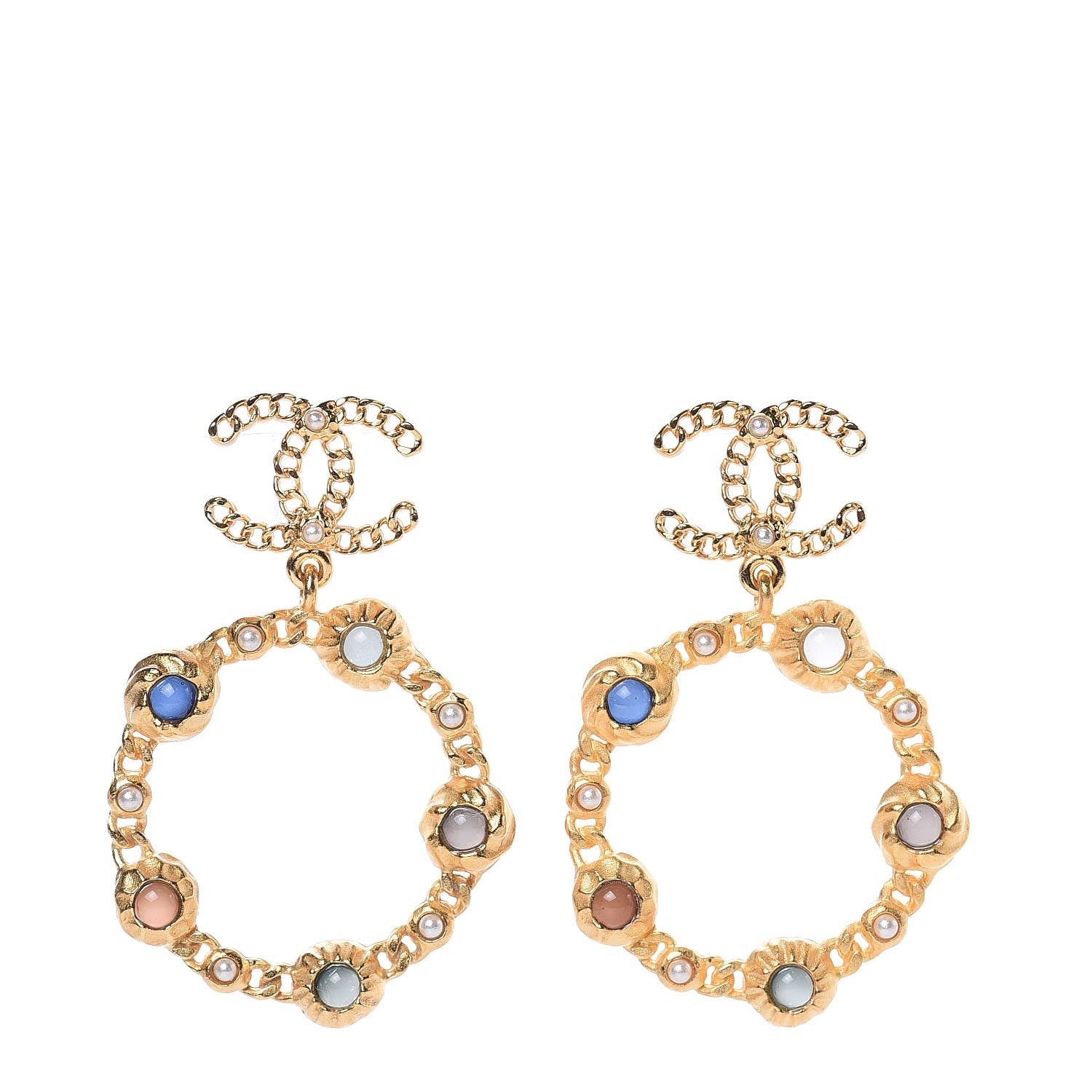 Chanel Pearl Pearl Gripoix CC Chain Drop Hoop Earrings Gold 1 of 5