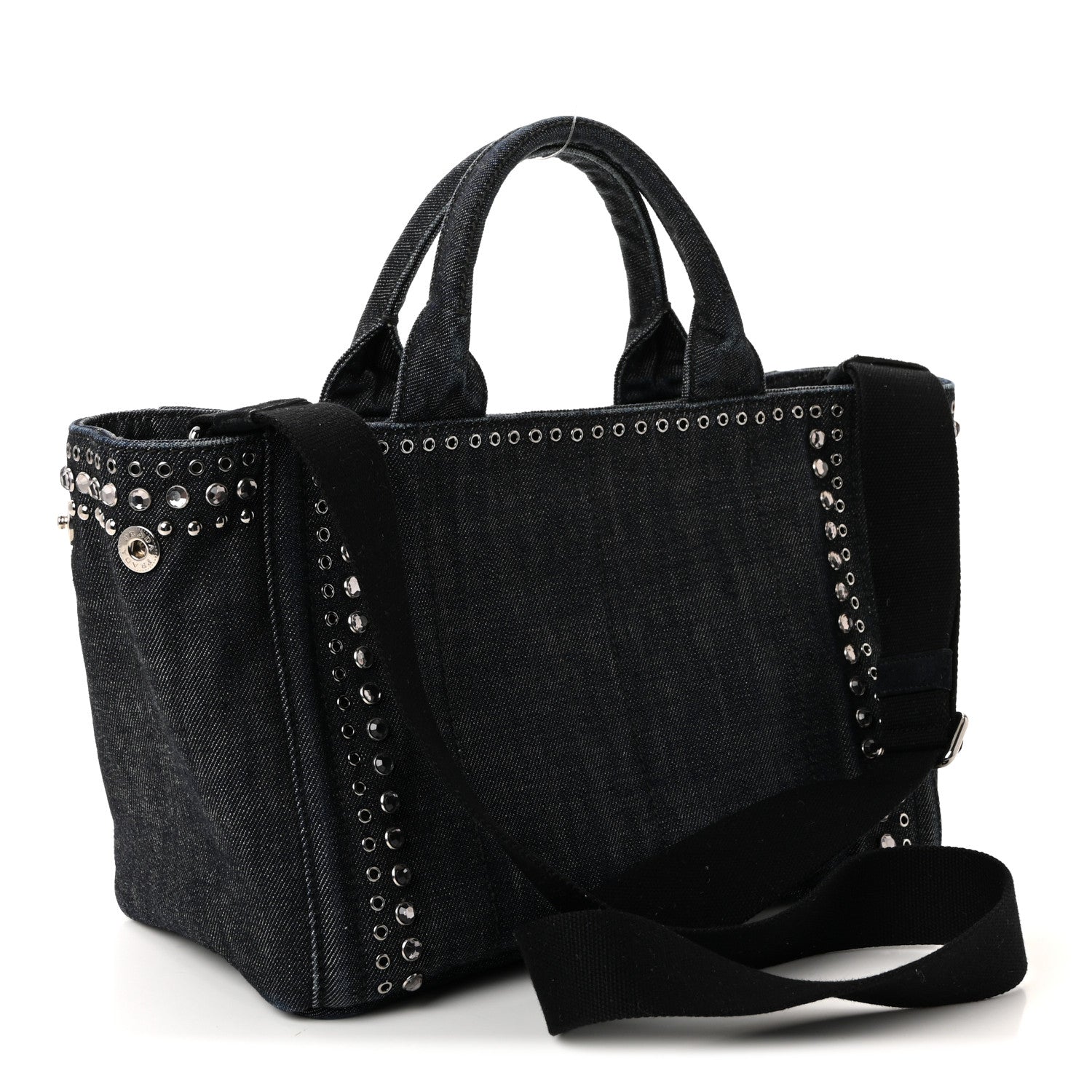 Prada Canapa Denim Crystal Rivet Studded Tote Avio 1809091