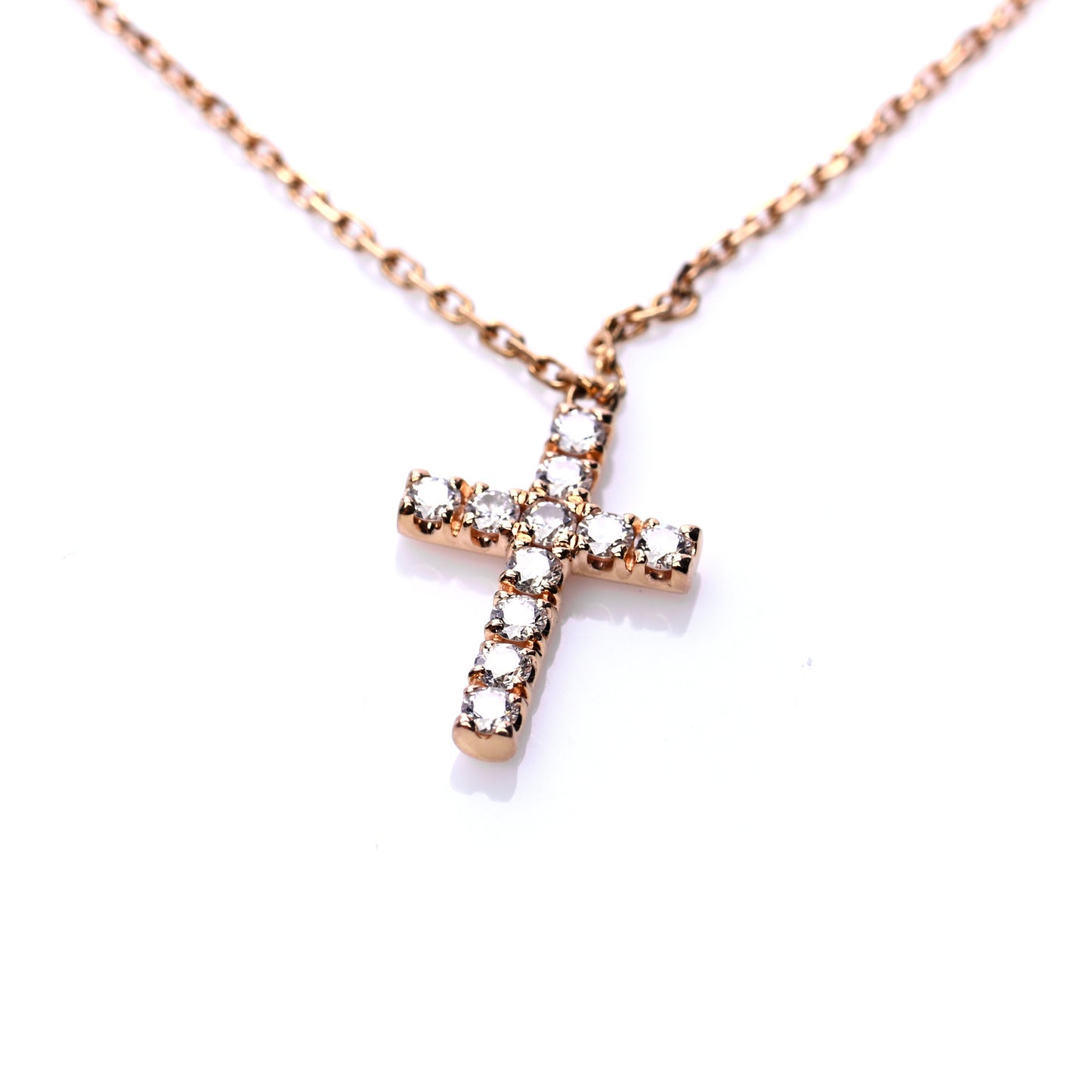 18K Pink Gold Diamond Symbols Cross Pendant Necklace