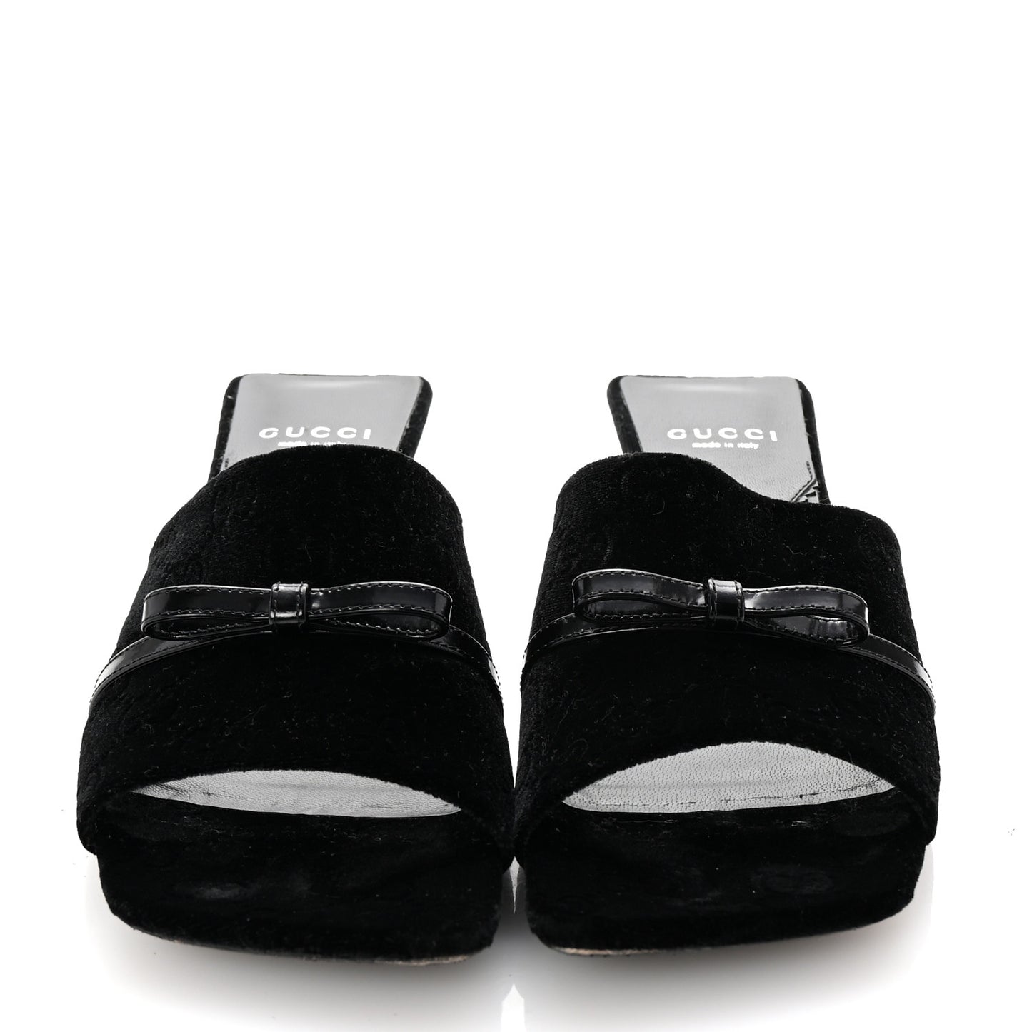 New Velvet Ashmir Regent Calfskin GG Monogram Square Toe Bow 45mm Slide Sandals 39.5 Black