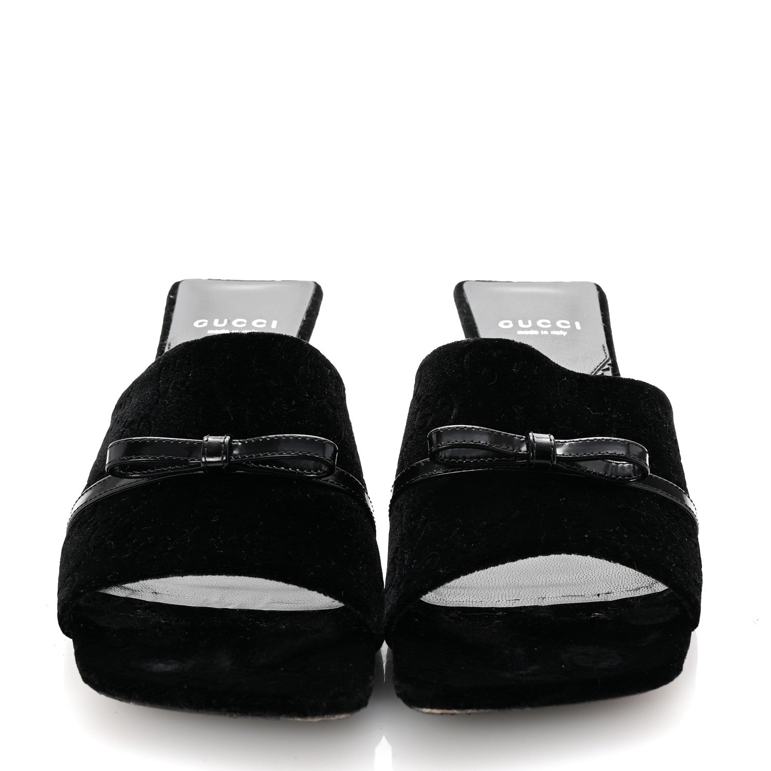 Gucci New Velvet Ashmir Regent Calfskin GG Monogram Square Toe Bow 45mm Slide Sandals 39.5 Black 3 of 10