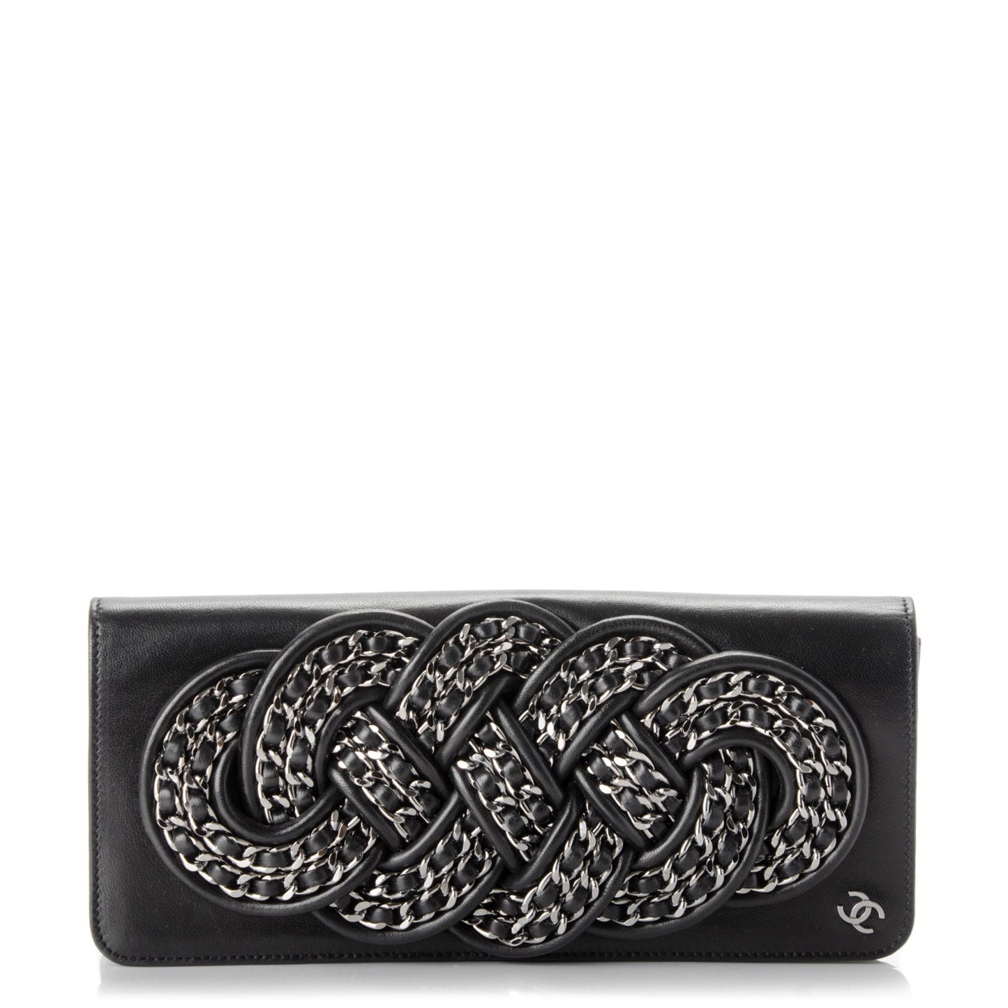 Lambskin Silver Chain Knot Clutch Black