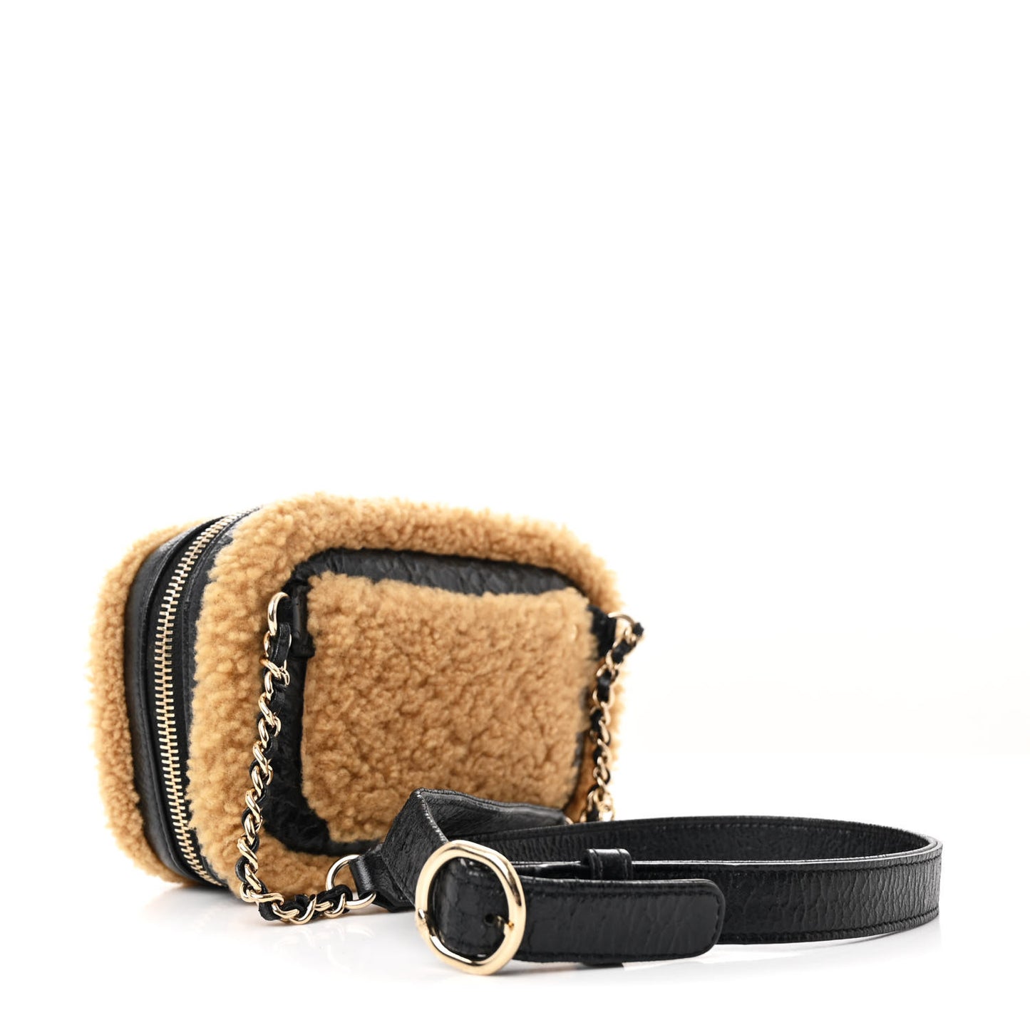 Shiny Crumpled Sheepskin Shearling Waist Bag Black Beige